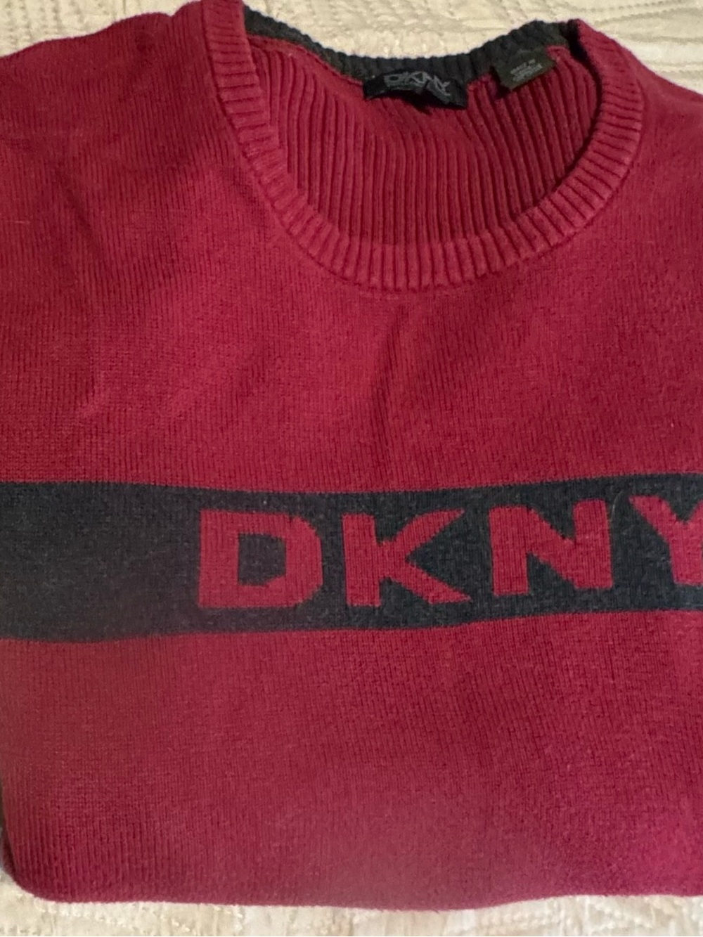 DKNY Men's Burgundy Reddish Crewneck Sweater with Black Logo Band size XL